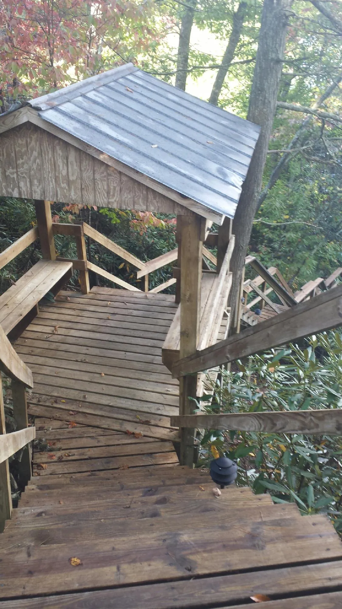 Metal roofed shelter over wooden steps on a wooded walkway — Skylight Repair & Installation work by our crew in New Vienna